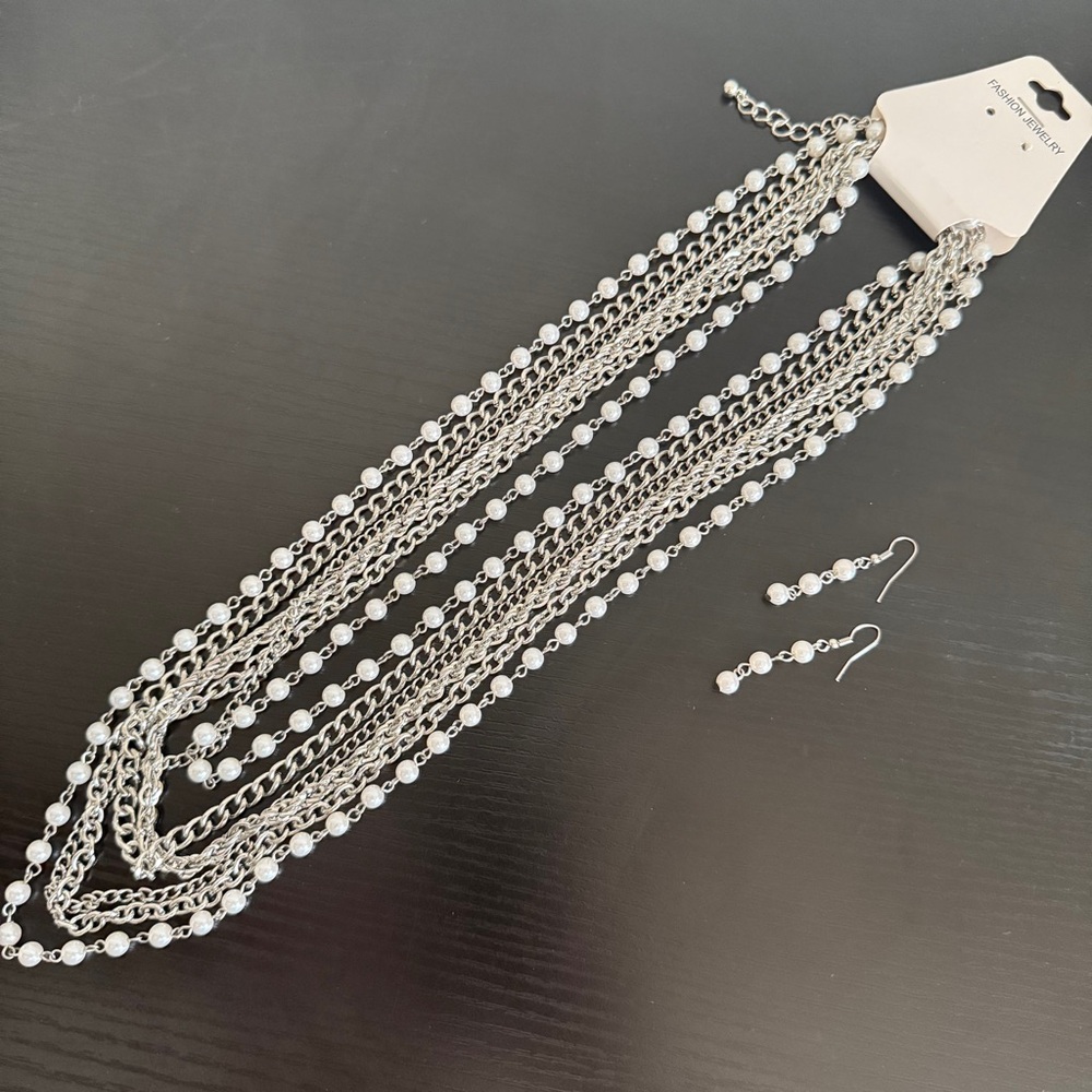 NEW Chic Silver Layered Necklace and Earring Set Multi strand Necklace